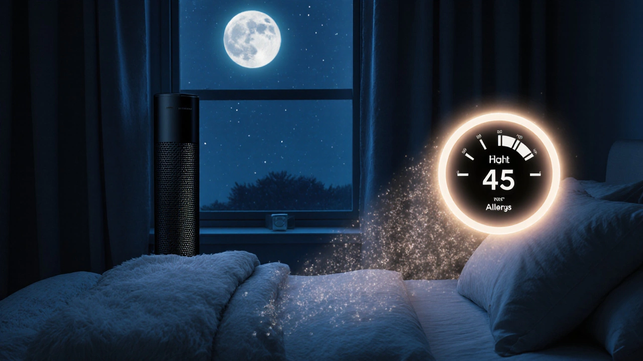 Alergická ložnice s čističkou vzduchu a hypoalergenními textiliemi v klidném osvětlení.