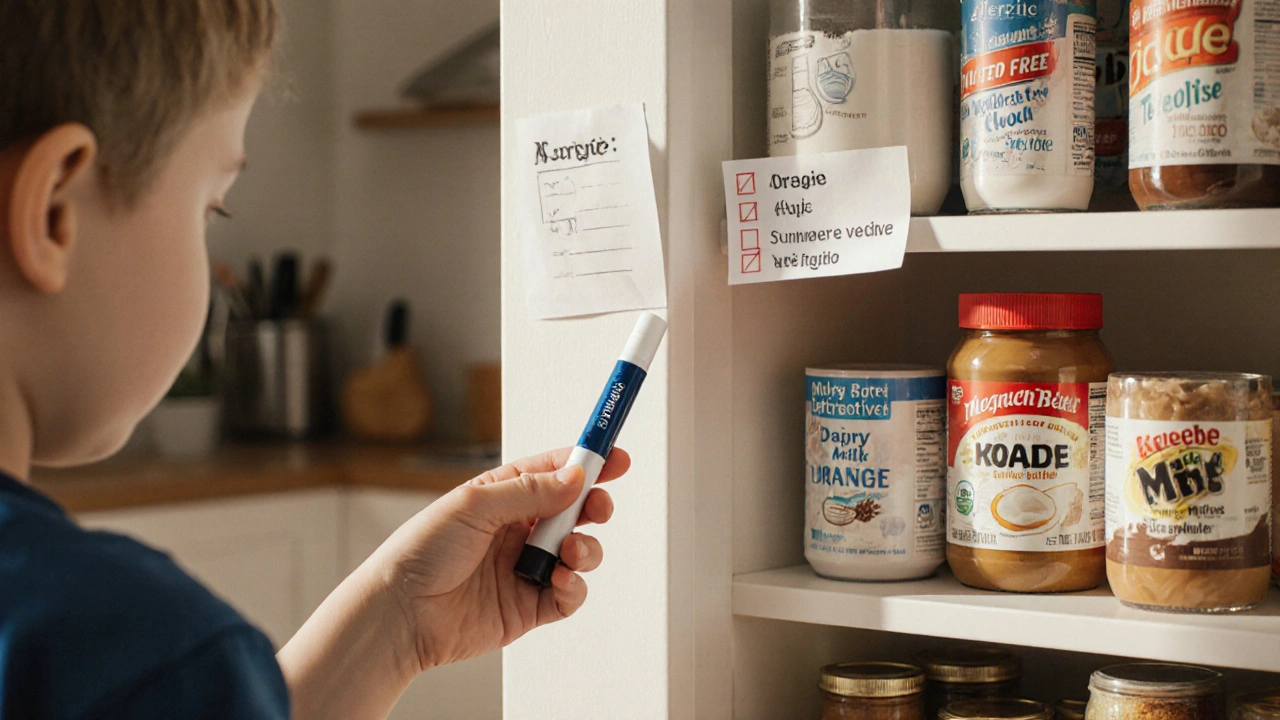 Dítě drží EpiPen vedle police s označenými potravinami pro alergiky.