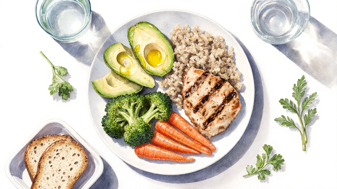 Plná talířová sestava bezlepkového jídla s rýží, kuřecím masem a zeleninou.